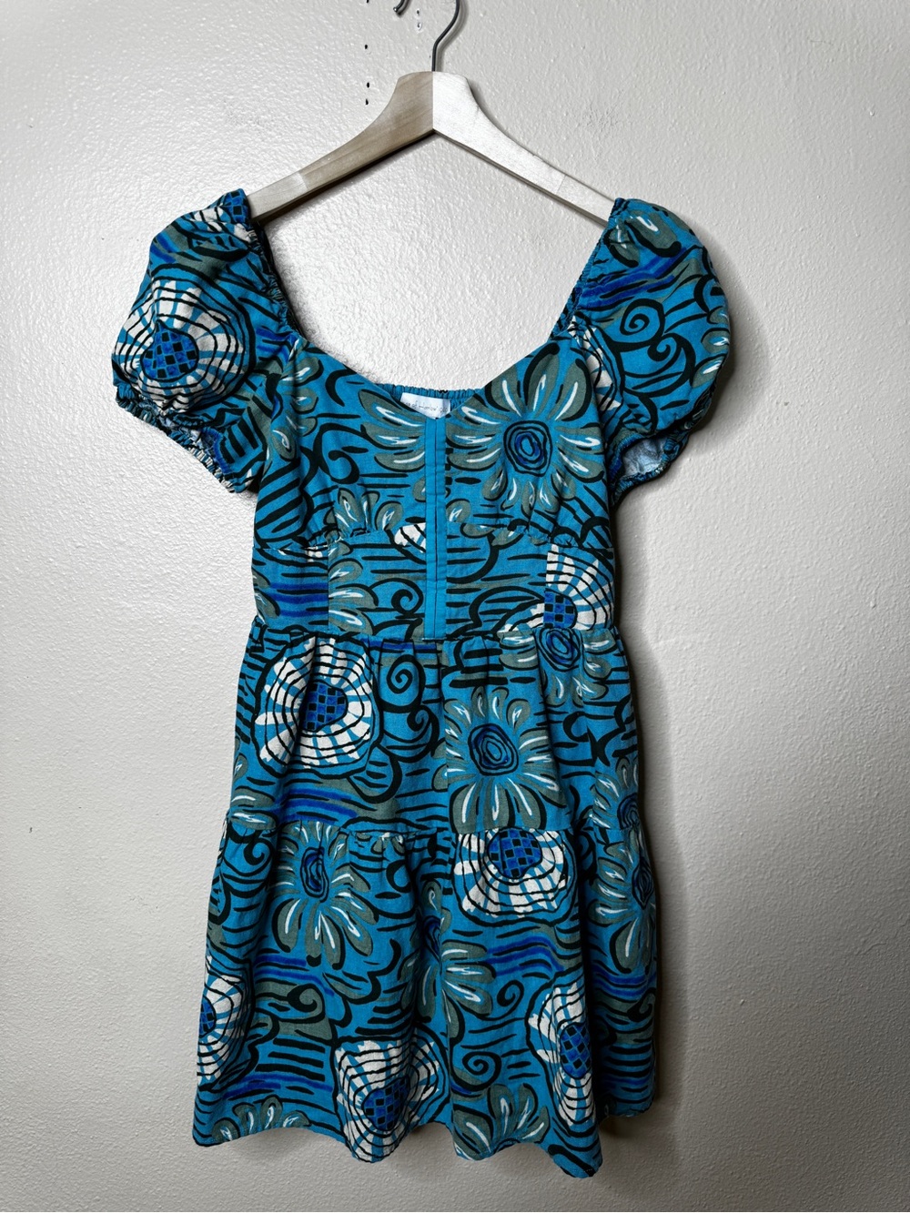 House of Harlow Dress Women’s Small Blue Floral Linen Blend Mini Puff Sleeve - Picture 2 of 8